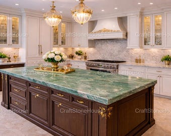 Green Quartzite Countertop Natural Stone Kitchen Slab Custom Quartzite Dining Table Luxury Green Stone Bar Interior