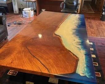 Ocean Beach Epoxy Dinning Table, Blue Sand Epoxy Table Tops, Acacia Wooden Table, Personalized Home & Office Decoration 35mm Thickness