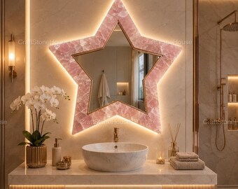 Rose Quartz Star Mirror Natural Pink Crystal Wall Mirror Luxury Bathroom Vanity Mirror Handmade Gemstone Home Decor