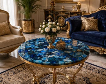 Mesa redonda de lujo con tablero de ágata azul, mesa de centro con tablero de piedras semipreciosas, muebles hechos a mano, decoración del hogar, mesa de centro personalizada.
