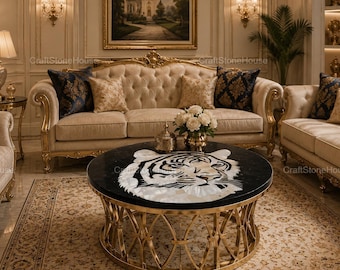 Luxury Tiger Coffee Table Mother of Pearl Inlay Table Round Marble Center Table Handmade Living Room Furniture Decor
