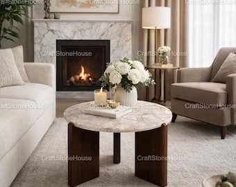 Elegante mesa de centro redonda de ágata y piedra de cuarzo. Muebles de lujo hechos a mano.
