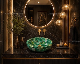 Green Agate Stone Vessel Sink Luxury Gemstone Bathroom Basin Handmade Round Vanity Sink Natural Countertop Wash Bowl