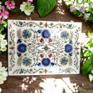 10&quot;x15&quot; Antique White Marble Inlay Decorative Tray with Lapis Carnelian Abalone Shell Pietra Dura Handmade Art Home decor Housewarming Gift
