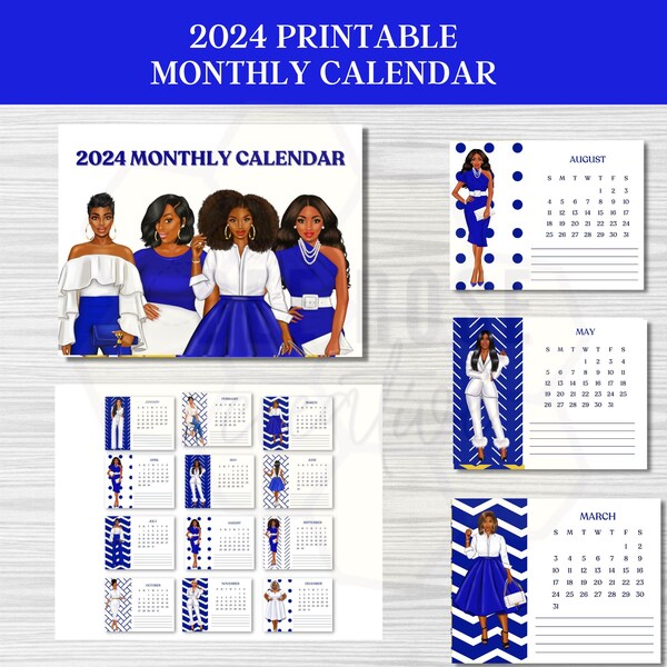 2024 Printable Monthly Calendar | Calendar Download | Calendar for African American Woman | Black woman calendar | Sorority Gift | Zeta