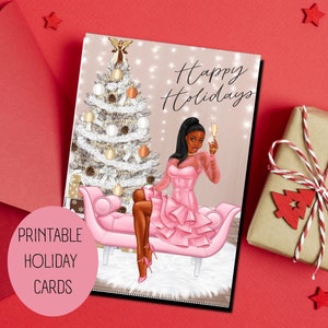 Kerstkaart | Kerstkaart voor Afro-Amerikaanse vrouw | Vrouwenclub kerstcadeaus | Afdrukbare wenskaart voor de feestdagen