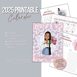 Druckbarer Kalender 2025 | Schwarzes Mädchen Blumenkalender | 2025 Planerkalender | Afroamerikanische Frauenkalender mit Affirmationen