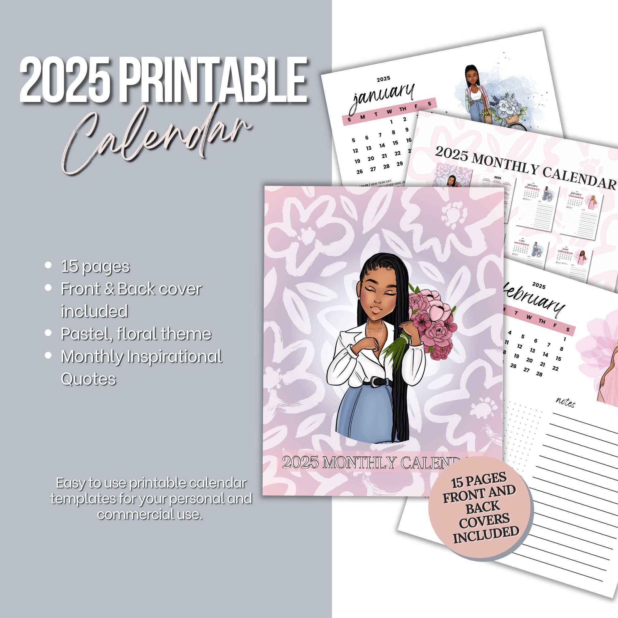 2025-printable-calendar-black-girl-flower-calendar-2025-planner-calendar-african-american-woman-calendar-with-affirmations-etsy