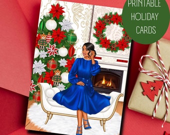 holiday card dress Christmas | Printable Greeting Card | Cozy Scene Christmas Card | Cards for Black and African American Women family christmas card outfit ideas
