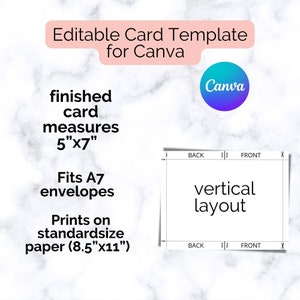 May include: Editable card template for Canva. The template is designed for a 5x7 inch card that fits A7 envelopes and prints on standard 8.5x11 inch paper. The template shows a vertical layout with "BACK" and "FRONT" labels.