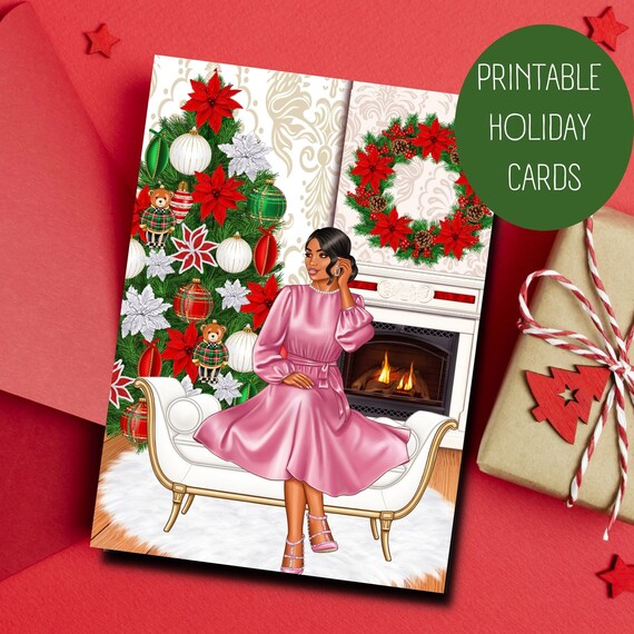 christmas card dress women | Printable Greeting Card | Cozy Scene Christmas Card | Cards for Black and African American Red