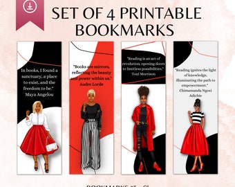Puede incluir: Conjunto de cuatro marcapáginas imprimibles con ilustraciones de mujeres con citas inspiradoras sobre la lectura. Las citas son de Maya Angelou, Audre Lorde, Toni Morrison y Chimamanda Ngozi Adichie. Los marcapáginas miden 5,1 cm por 15,2 cm.