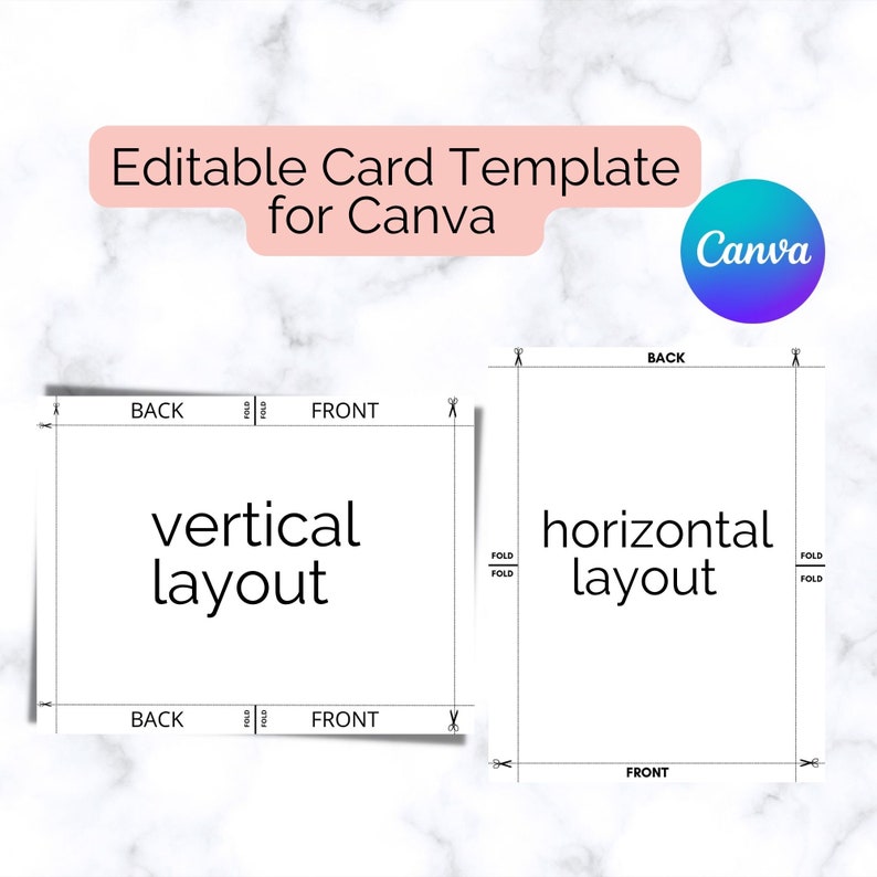 May include: A diagram showing two different card layouts for Canva. The left side shows a vertical layout with the words "vertical layout" and the right side shows a horizontal layout with the words "horizontal layout". Both sides show the words "BACK" and "FRONT" to indicate the sides of the card.