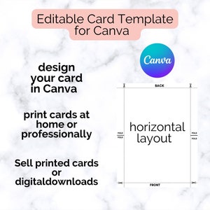 May include: Editable card template for Canva. The template is a horizontal layout with a front and back side. The text "BACK" is on the back side and the text "FRONT" is on the front side. The text "horizontal layout" is in the middle of the card.