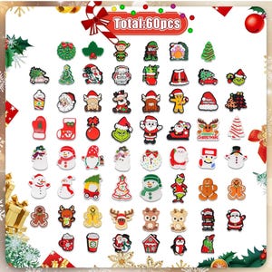May include: A set of 60 Christmas-themed shoe charms featuring various festive designs, including Santa Claus, reindeer, snowmen, gingerbread men, and Christmas trees. The charms are made of colorful, detailed plastic and are perfect for adding a festive touch to shoes, backpacks, or other accessories.