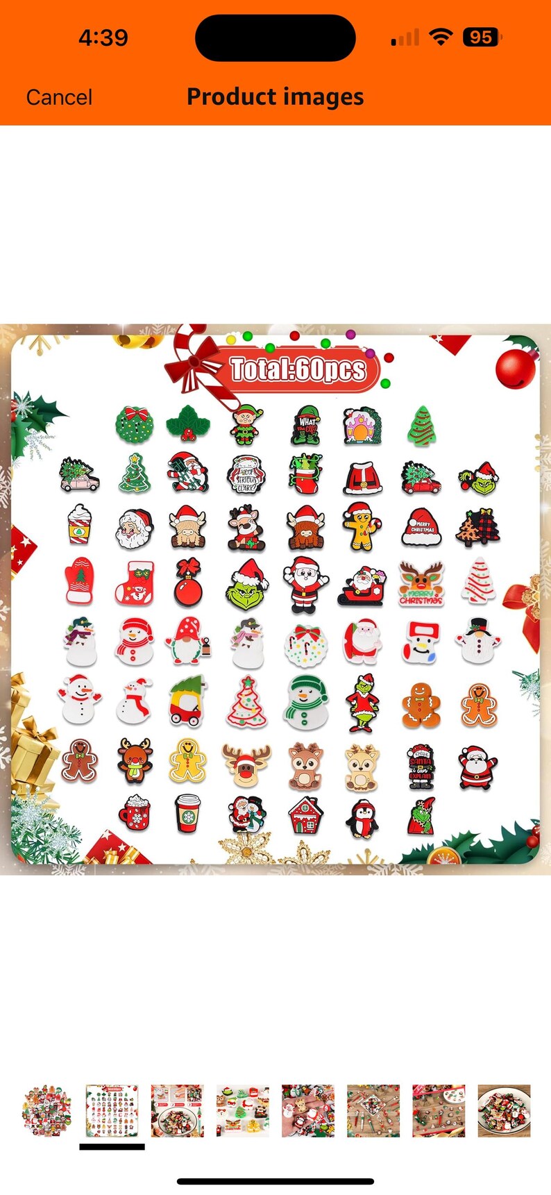 May include: A set of 60 Christmas-themed shoe charms featuring various festive designs, including Santa Claus, reindeer, snowmen, gingerbread men, and Christmas trees. The charms are made of colorful, detailed plastic and are perfect for adding a festive touch to shoes, backpacks, or other accessories.