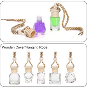 May include: A set of six glass bottles with wooden stoppers and hanging ropes. The bottles are clear and come in different shapes, including round, square, and diamond. The bottles are perfect for essential oils or perfumes.  Wooden Cover/Hanging Rope