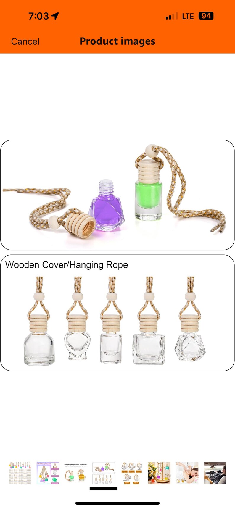 May include: A set of six glass bottles with wooden stoppers and hanging ropes. The bottles are clear and come in different shapes, including round, square, and diamond. The bottles are perfect for essential oils or perfumes.  Wooden Cover/Hanging Rope
