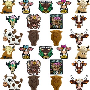 May include: A set of 18 colorful cow-themed shoe charms. The charms feature different designs, including cows with flowers, hearts, and text that says "Good Vibes" and "Just a little moody".