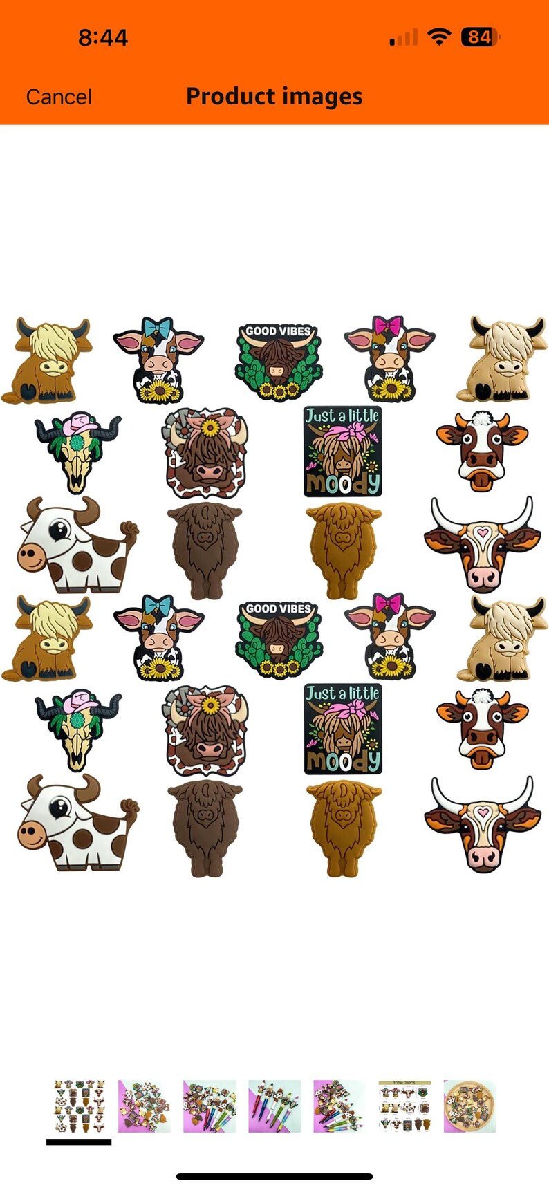 May include: A set of 18 colorful cow-themed shoe charms. The charms feature different designs, including cows with flowers, hearts, and text that says "Good Vibes" and "Just a little moody".