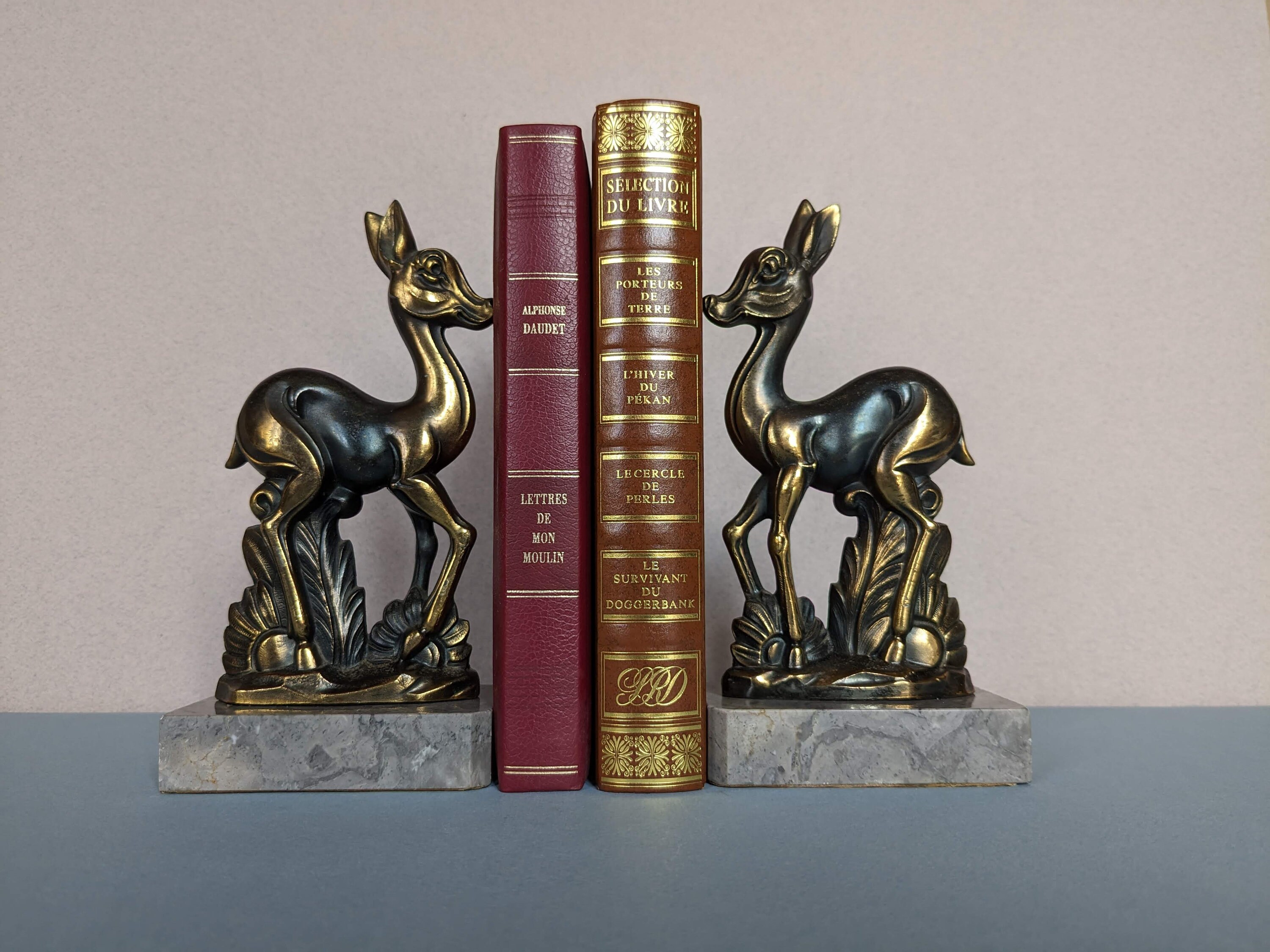 Serre-livres Anciens En Bronze - Modèle Faons - Doré - Bon état