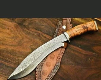 Hand-Forged Custom Kukri Knife with Damascus Steel Blade & Leather Sheath – Outdoor Camping Gift for Him