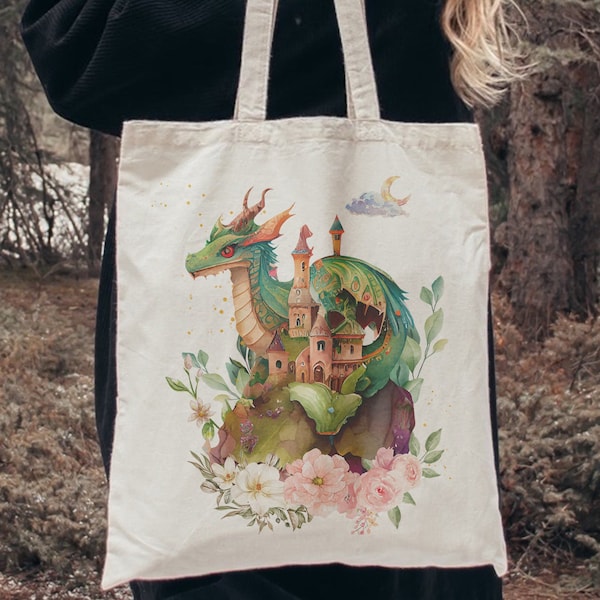 Dragon Tote Bag, Magic Castle, Gift for Nerd, Dragon Lover, Rainbow Dragons, Vintage Graphic Canvas Tote, Fantasy Core, Y2K Graphic Bag