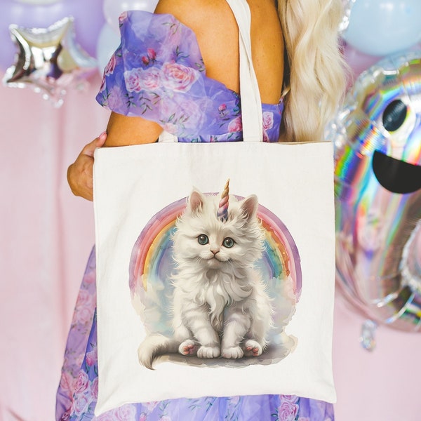 Cute Kawaii Kitty Tote Bag, Magical Unicorn Theme Party, Vintage Aesthetic, Cat Birthday Gift, Gifts for Geeks, Cottagecore Clothes, Retro