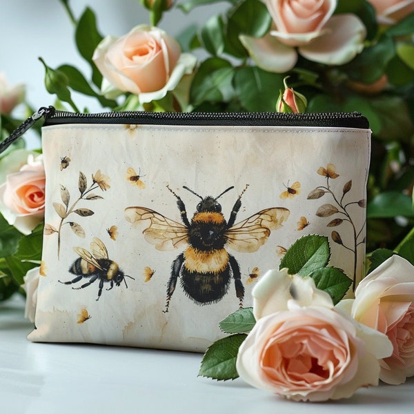 Garden Make Up Bag, Nature Bee Pouch, Gift for Bee Lover, Cottagecore Bag, Bee Nature Gifts, Honey Bees, Animal Lover Bag, Wildflower