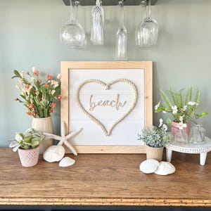 Beach Rope Heart Wall Art – Rustic Coastal Farmhouse Decor – Nautical ‘Shore’ Sign – Handmade Beach House Gift