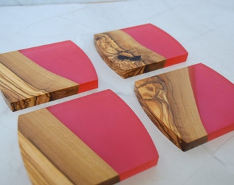 Olivewood and red epoxy coasters set of 4 | Sous-Verres en Bois | Made in Canada | Christmas Gift