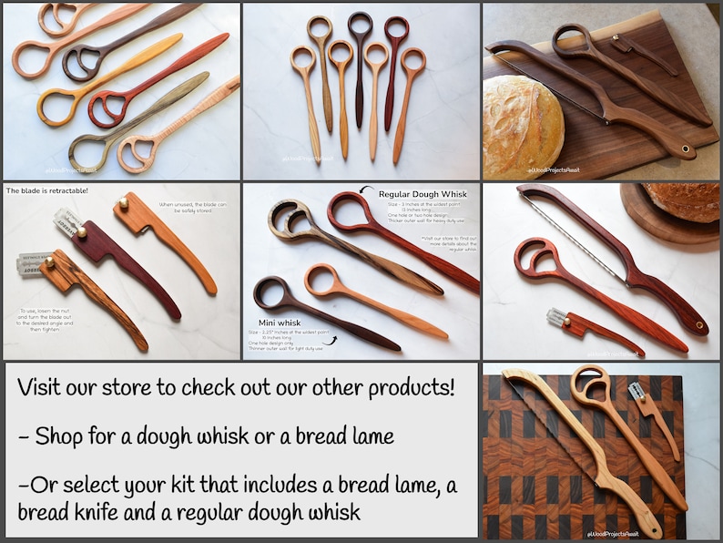 May include: A set of wooden dough whisks and bread lames. The whisks are made of different types of wood and have a variety of sizes. The bread lames are also made of wood and have a retractable blade. Visit our store to check out our other products! Shop for a dough whisk or a bread lame. Or select your kit that includes a bread lame, a bread knife and a regular dough whisk.