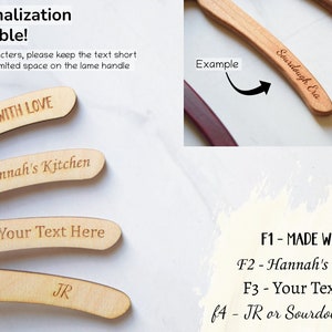 May include: Four wooden bread lame handles with different engraved text options: "MADE WITH LOVE", "Hannah's Kitchen", "Your Text Here", and "JR". An example handle is shown with the text "Sourdough Era".
