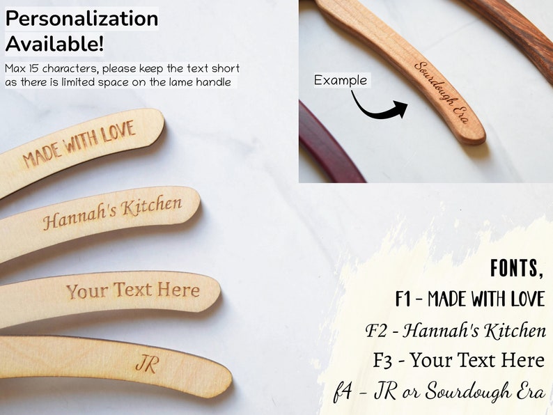 May include: Four wooden bread lame handles with different engraved text options: "MADE WITH LOVE", "Hannah's Kitchen", "Your Text Here", and "JR". An example handle is shown with the text "Sourdough Era".