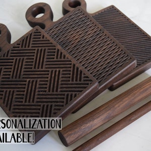 Ensemble de planches à gnocchis, personnalisable, planche à pâtes avec 2 rouleaux à pâtisserie, planche de cavarola, bois - noyer | Cadeau de Noël