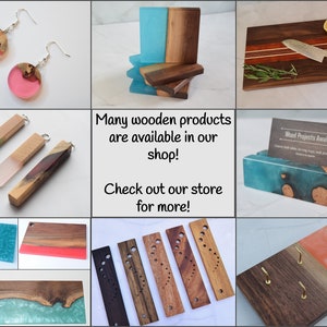 May include: A collage showcasing a range of wooden products, including earrings, coasters, chopping boards, and a business card holder. The items combine wood and resin, displaying a variety of colours and patterns. The text "Many wooden products are available in our shop! Check out our store for more!" and "Wood Projects Await" is visible in the image.