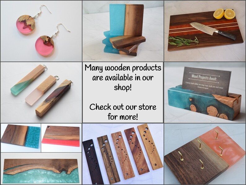 May include: A collage showcasing a range of wooden products, including earrings, coasters, chopping boards, and a business card holder. The items combine wood and resin, displaying a variety of colours and patterns. The text "Many wooden products are available in our shop! Check out our store for more!" and "Wood Projects Await" is visible in the image.