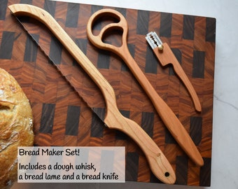 Bread maker set, includes dough whisk, bread knife and a bread lame | Cherry | Sourdough | Bread Making | Danish Dough Hook | Gift for Baker