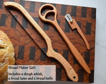 Bread maker set, includes dough whisk, bread knife and a bread lame | Cherry | Sourdough | Bread Making | Danish Dough Hook | Gift for Baker