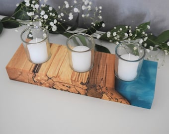 Candle Holder Centerpiece, including 3 Votive Candles | Unique Modern Home Decor | Wooden Epoxy | Blue | Tealight Holder | Table Centerpiece