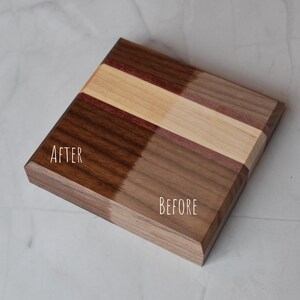 May include: Close-up of a wooden chopping board with two sections, one labelled "AFTER" and the other labelled "BEFORE". The section labelled "AFTER" has a darker, richer colour, while the section labelled "BEFORE" has a lighter, more natural colour.
