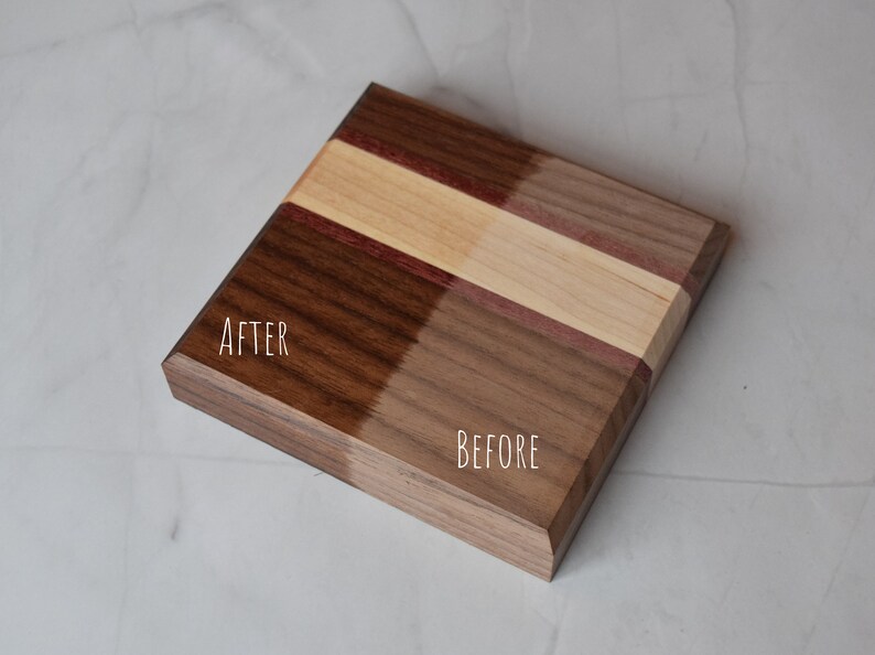 May include: Close-up of a wooden chopping board with two sections, one labelled "AFTER" and the other labelled "BEFORE". The section labelled "AFTER" has a darker, richer colour, while the section labelled "BEFORE" has a lighter, more natural colour.