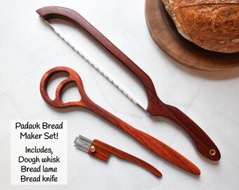 Bread maker set, includes dough whisk, bread knife and a bread lame | Padauk | Sourdough | Bread Making | Danish Dough Hook | Gift for Baker