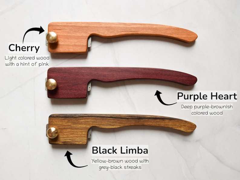 May include: Three wooden handles with brass accents. The handles are made of cherry, purple heart, and black limba wood.