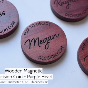 Magnetic Decision Maker Coin, Purple Heart, Personalized Flip to Decide, Argument Solver, New Parents Gift, Wood, Gift for Couple, Valentine