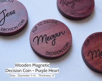 Magnetic Decision Maker Coin, Purple Heart, Personalized Flip to Decide, Argument Solver, New Parents Gift, Wood, Gift for Couple, Valentine