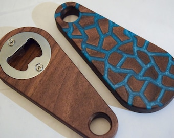 Wooden Bottle Opener with Blue Epoxy Pattern | Beer Opener | Gift for Him | Walnut | Fathers Day | Birthday | Christmas