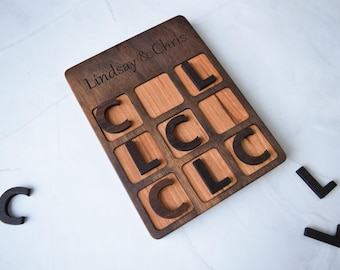 Custom Wooden Tic-Tac-Toe, personalized board pieces, wedding gift, 5th anniversary gift, couples gift