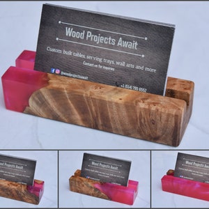 Wooden Epoxy Business Card Holder with Maple Burl | Unique |  Porte-carte d'affaire (Pink), Made in Canada