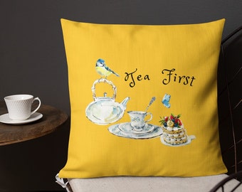Tea Party Pillow: Teapot & Rose Design, Linen Feel